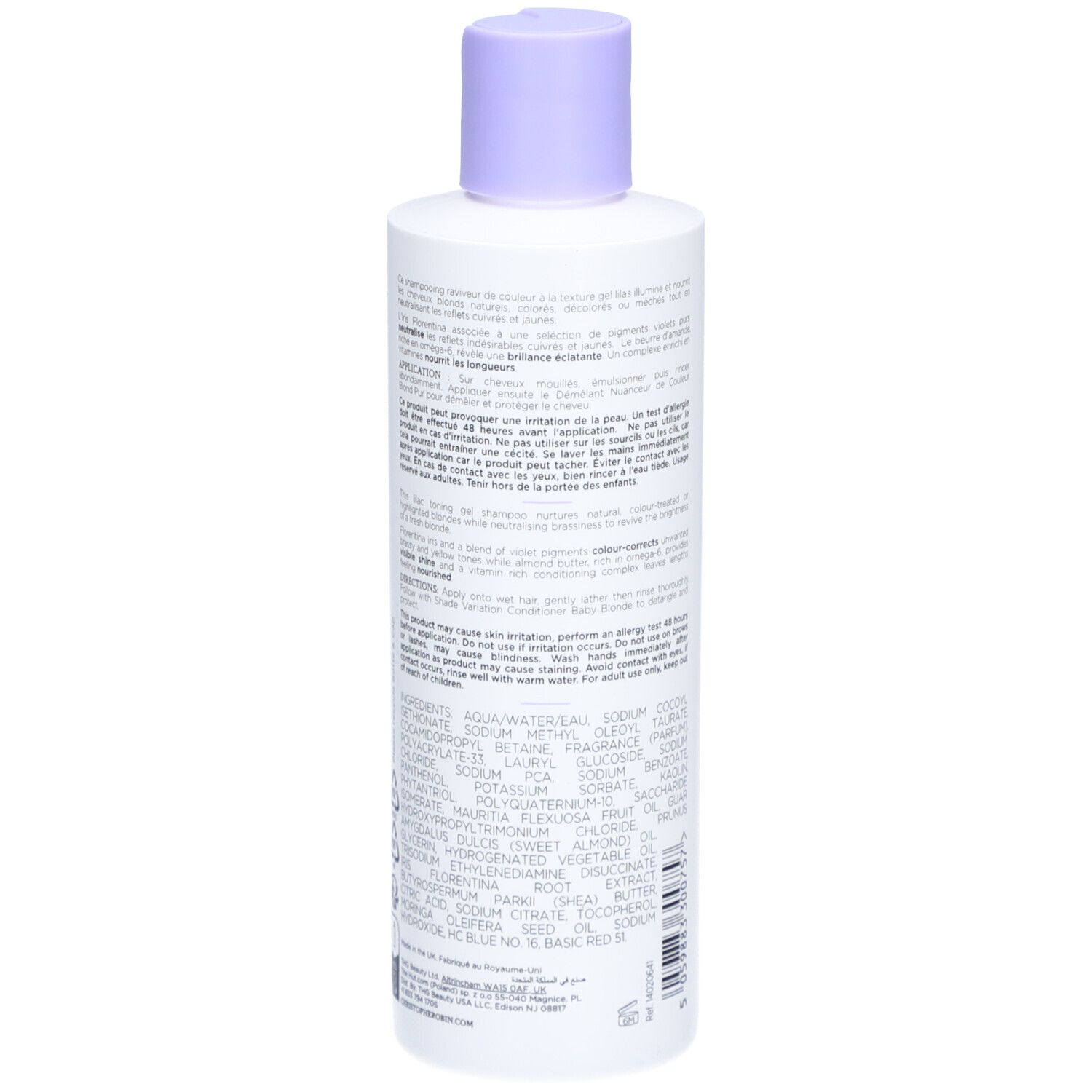 Rückseite der Shampooing Nuanceur de Couleur Flasche. Text in mehreren Sprachen. Inhaltsstoffe und Anwendungshinweise.