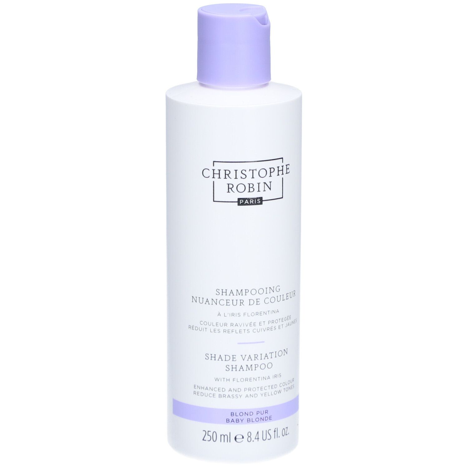 Flasche Shampooing Nuanceur de Couleur. Marke CHRISTOPHE ROBIN. Flasche mit lila Verschluss. Text: Blond Fur Baby Blonde.