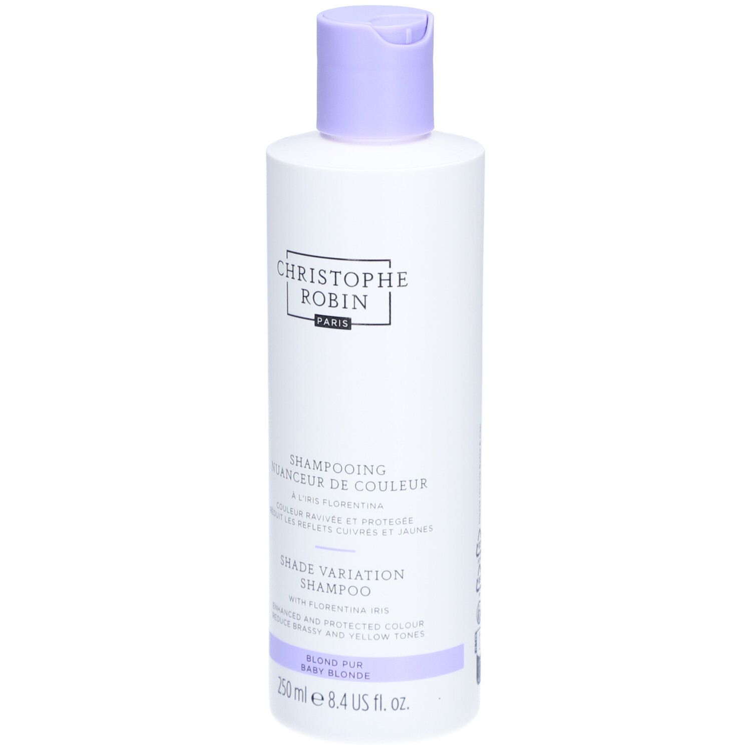 Flasche Shampooing Nuanceur de Couleur. Marke CHRISTOPHE ROBIN. Flasche mit lila Verschluss. Text: Blond Fur Baby Blonde.