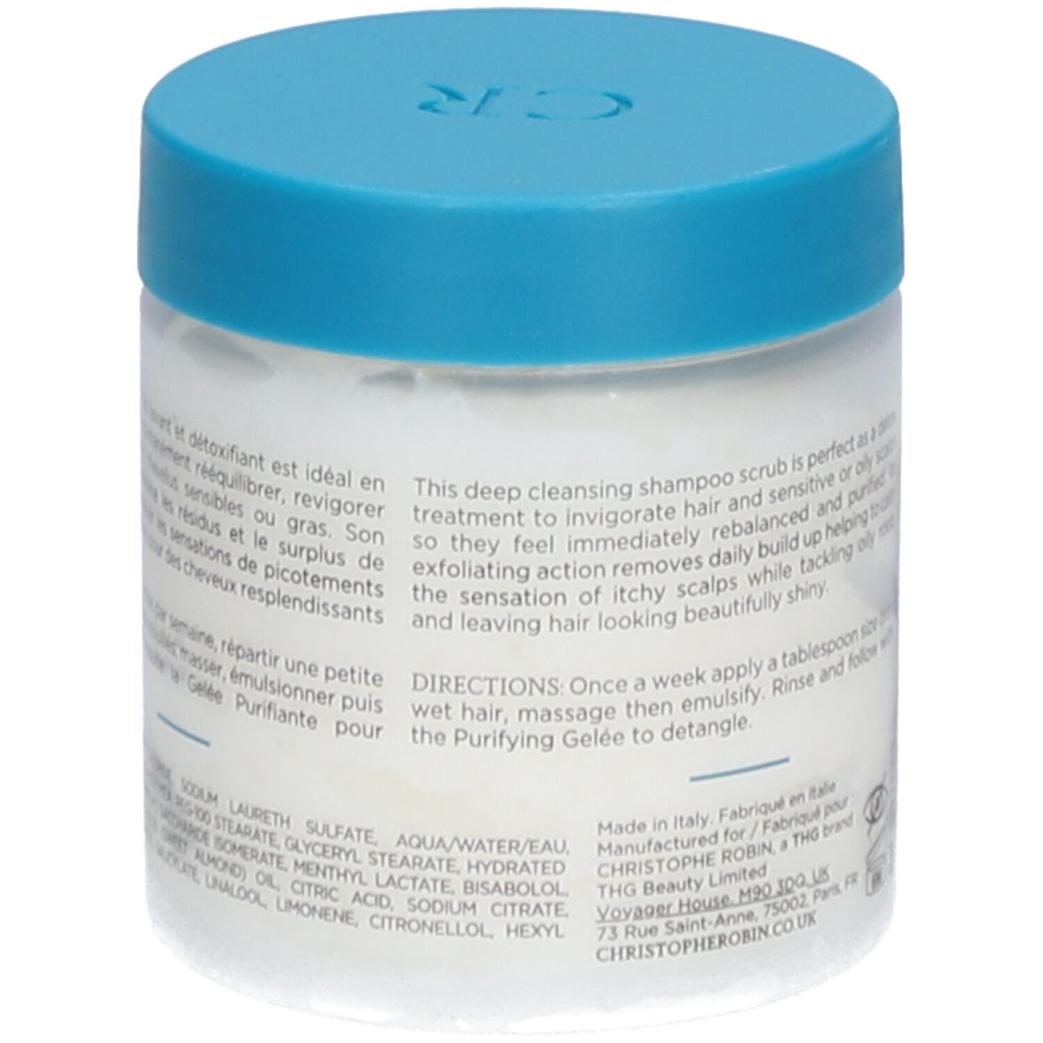 Pot avec couvercle bleu. Dos avec texte. Produit: CHRISTOPHE ROBIN Scrub Lavant Purifiant.