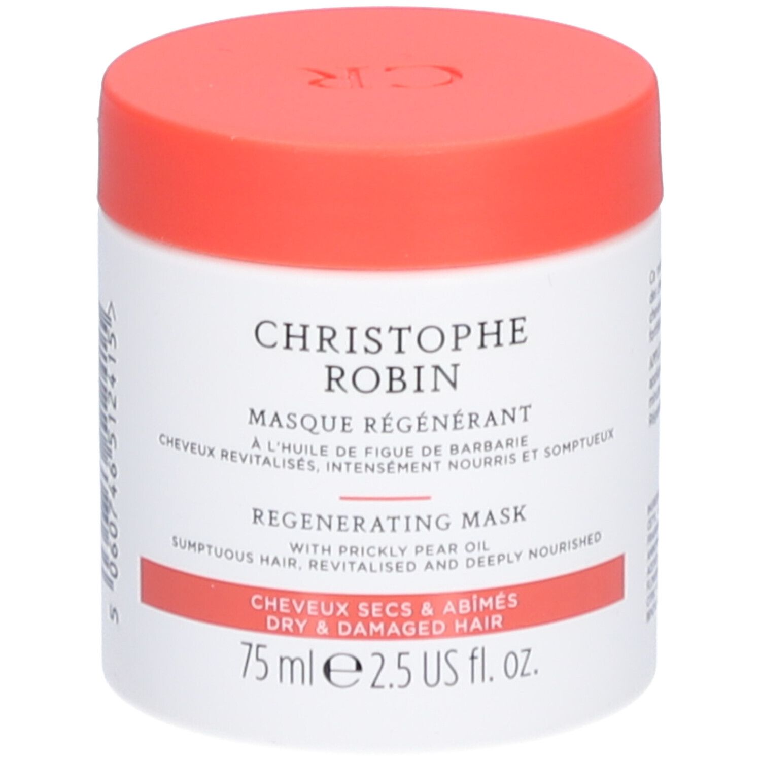 Weißer Tiegel mit rotem Deckel. Aufschrift: CHRISTOPHE ROBIN Masque Régénérant. Für trockenes, geschädigtes Haar.
