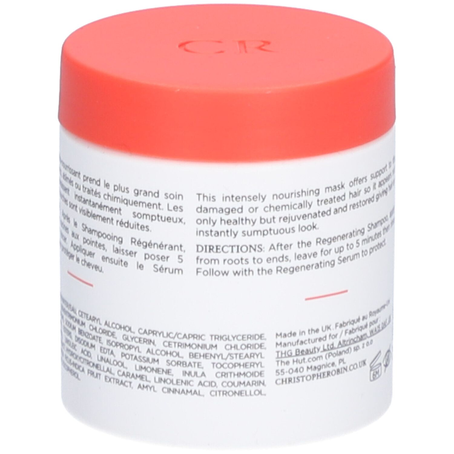 Weißer Tiegel mit rotem Deckel. Text mit Inhaltsstoffen und Anwendungshinweisen. Produktname: CHRISTOPHE ROBIN Masque Régénérant.