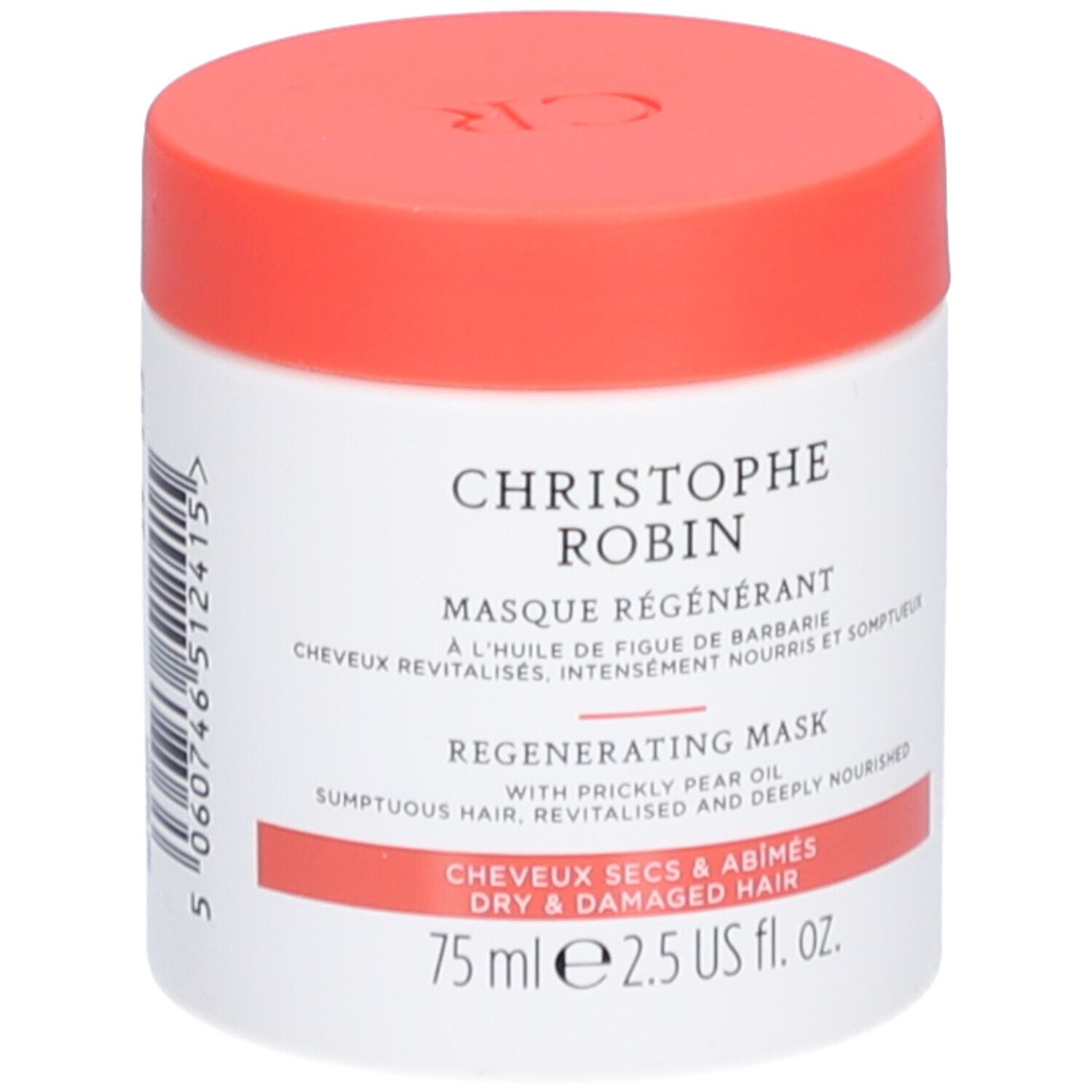 Weißer Tiegel mit rotem Deckel. Aufschrift: CHRISTOPHE ROBIN Masque Régénérant. Für trockenes, geschädigtes Haar.
