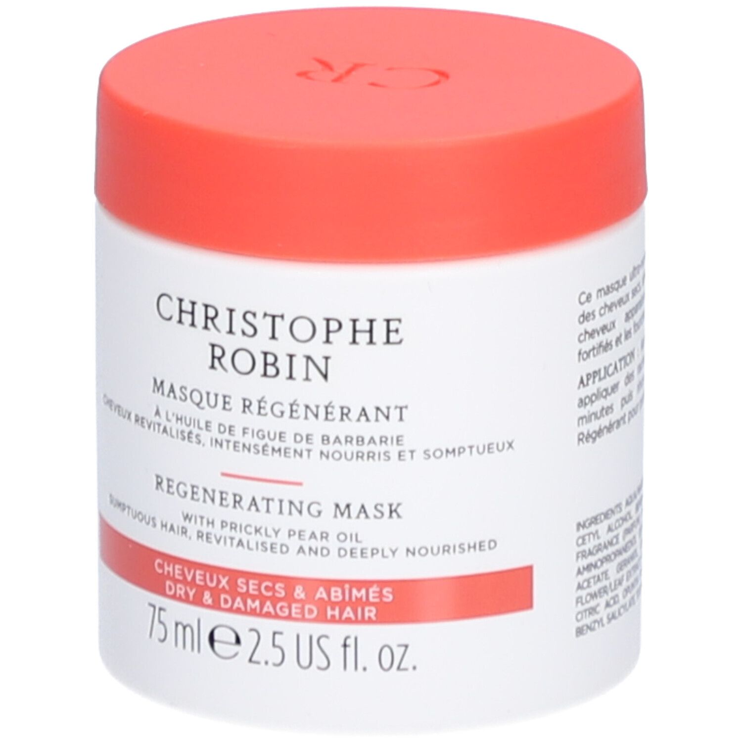 Weißer Tiegel mit rotem Deckel. Aufschrift: CHRISTOPHE ROBIN Masque Régénérant. Für trockenes, geschädigtes Haar.