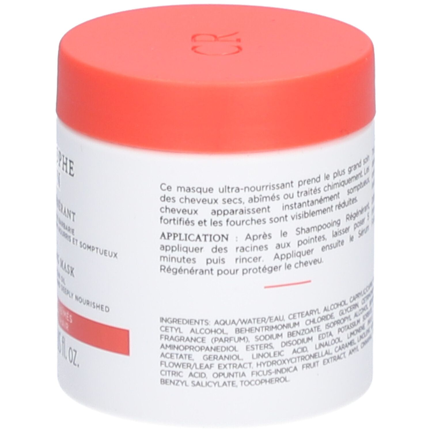 Weißer Tiegel mit rotem Deckel. Text mit Anwendungshinweisen und Inhaltsstoffen. Produktname: CHRISTOPHE ROBIN Masque Régénérant.