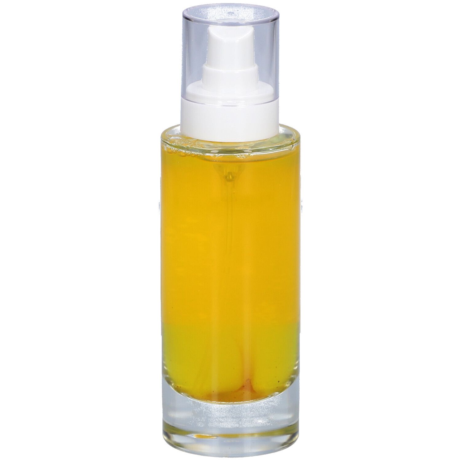 Flacon en verre avec liquide jaune et vaporisateur. Inscription : minima liste. Essence resplendissante, Glowing essence.