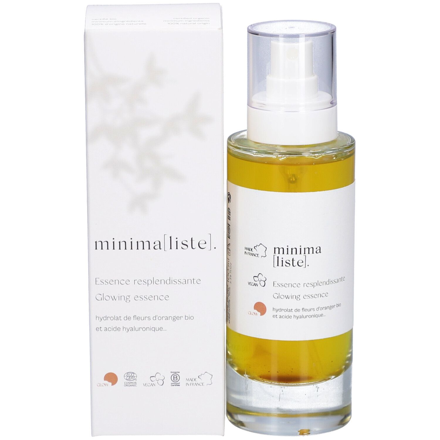 Flacon et emballage du produit. Inscription : minima liste. Essence resplendissante, Glowing essence. Emballage avec logo.