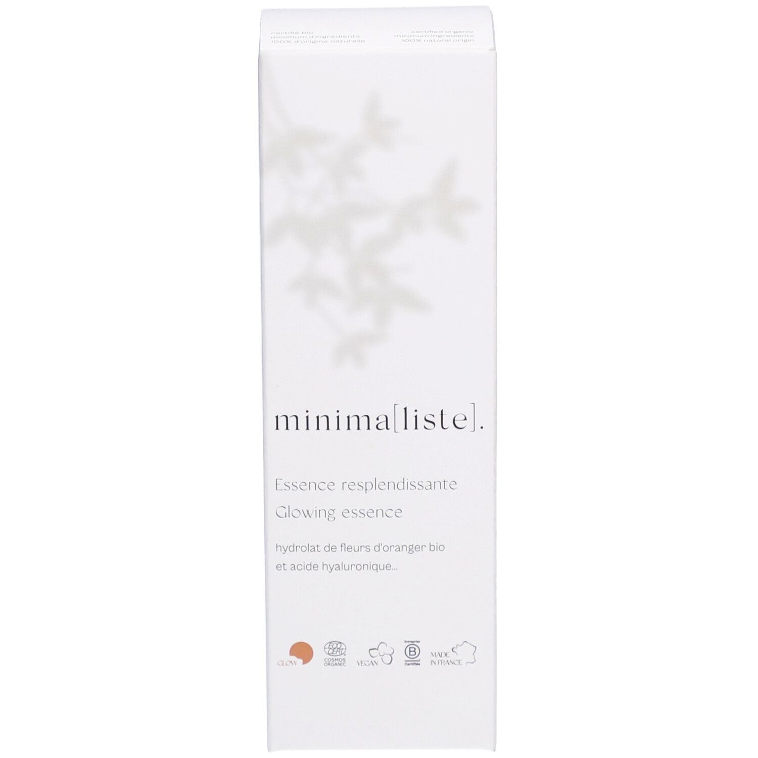 Emballage avec inscription : minima liste. Essence resplendissante, Glowing essence. Logo et certifications.