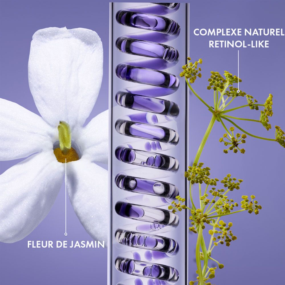 Gros plan sur fleur de jasmin et complexe rétinol-like dans un tube en verre. Texte : Complexe naturel retinol-like.