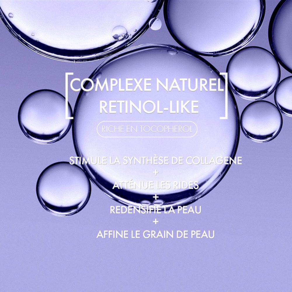 Gros plan sur bulles avec texte : Complexe naturel retinol-like. Texte : Stimule la synthèse de collagène, atténue les rides, redensifie la peau.