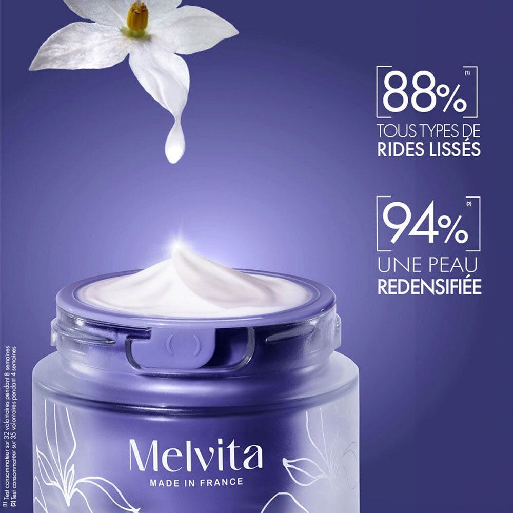 Pot de crème avec couvercle blanc. Melvita, Made in France. Texte: 88% de rides lissées, 94% peau redensifiée.