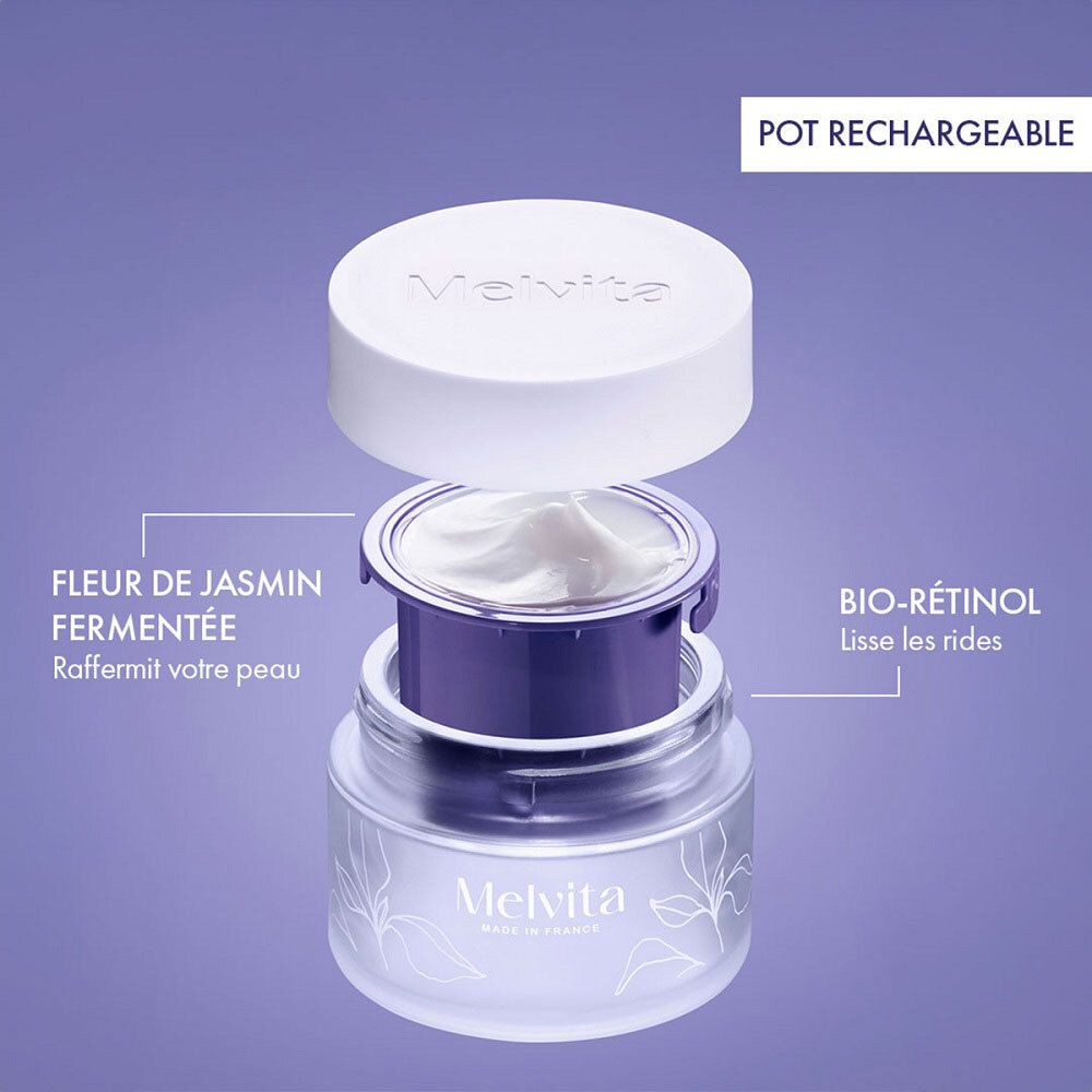 Pot de crème démonté. Texte: Bio-Rétinol, Raffermit votre peau, Fleur de Jasmin fermentée.