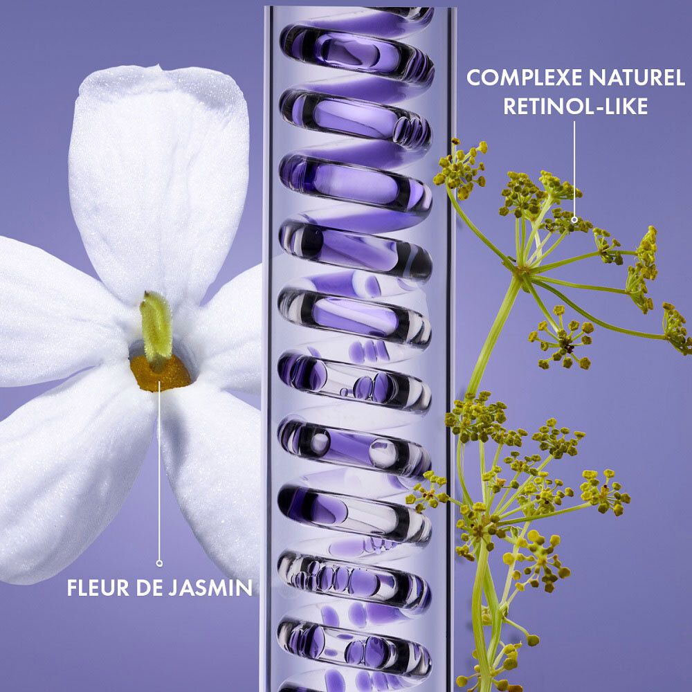 Image de fleurs de jasmin et d'une spirale. Texte: Complexe naturel retinol-like.