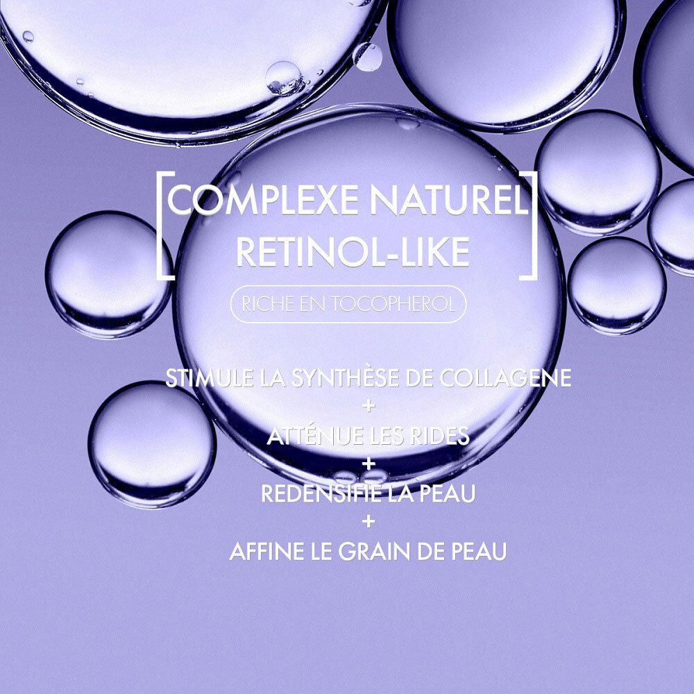 Image circulaire avec texte. Texte: Complexe naturel retinol-like, stimule la synthèse de collagène.