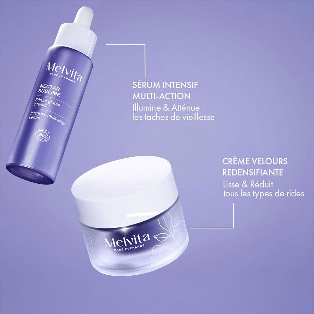 Sérum et pot de crème. Texte: Sérum intensif multi-action, Crème velours redensifiante.