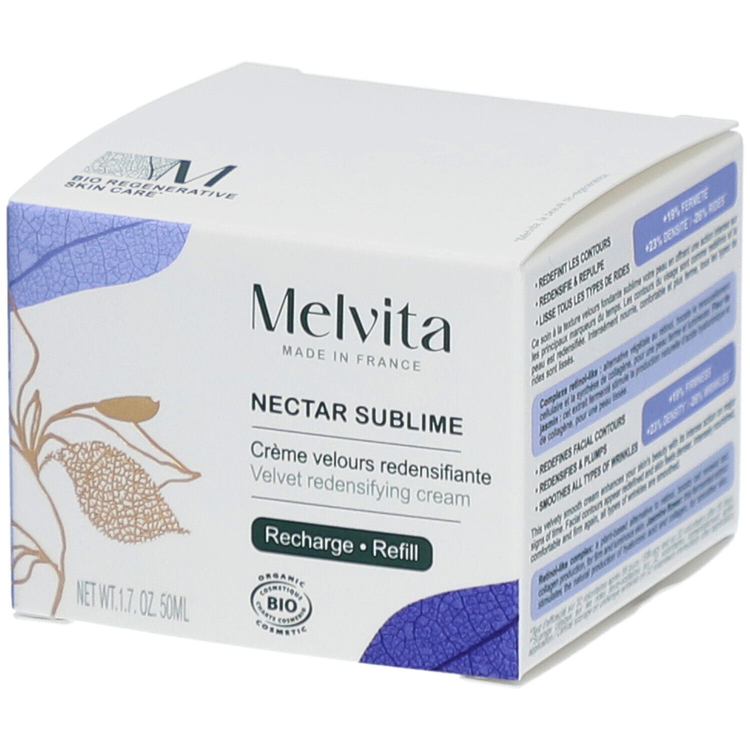 Weiße Faltschachtel mit Produktinformationen. Melvita-Logo und Produktname Nectar Sublime. Bio-Zertifizierung.