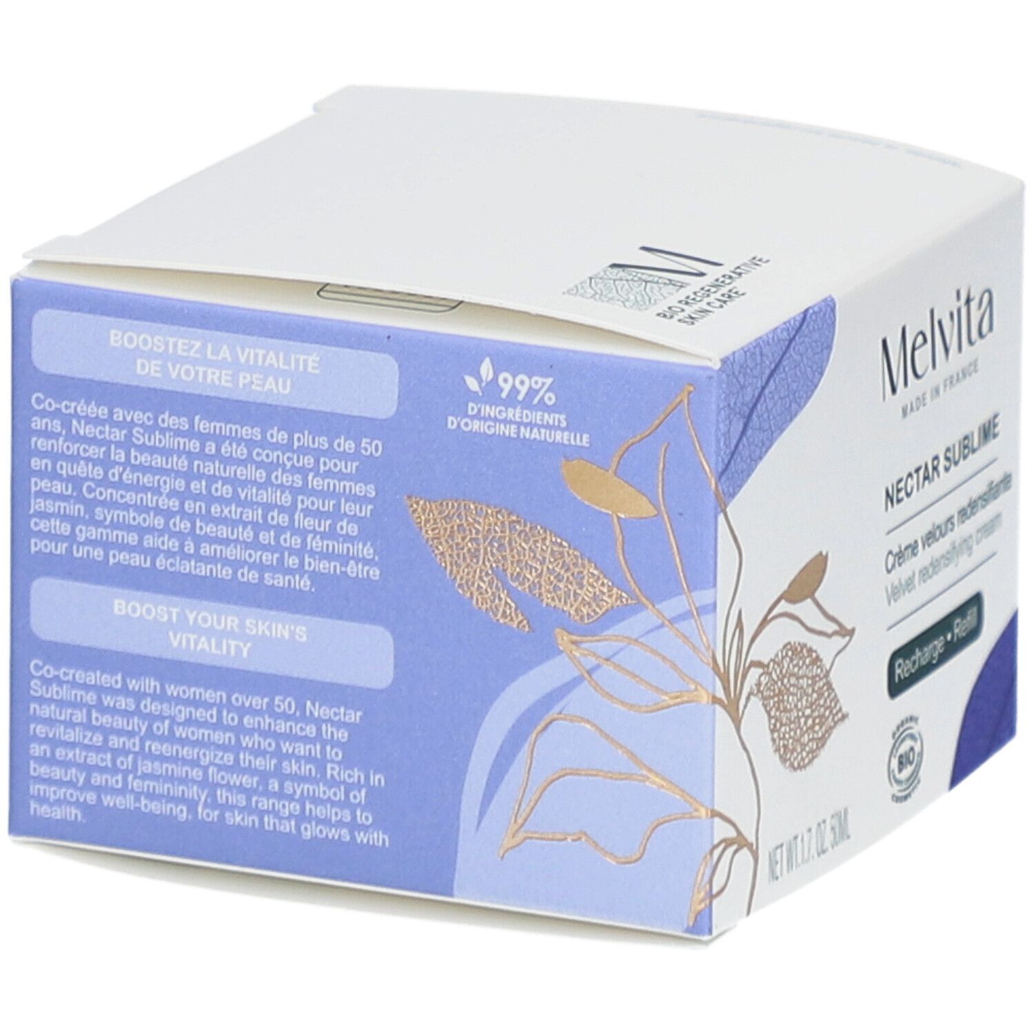 Weiße Faltschachtel mit Produktinformationen. Melvita Nectar Sublime. Text: Boost your skin's vitality. 99% natürliche Inhaltsstoffe.