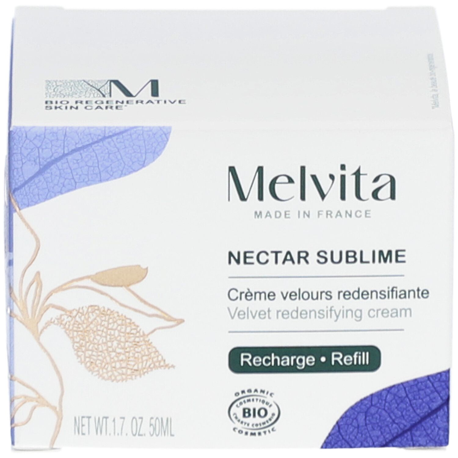 Weiße Faltschachtel mit Produktinformationen. Melvita-Logo und Produktname Nectar Sublime. Bio-Zertifizierung. 50ml.