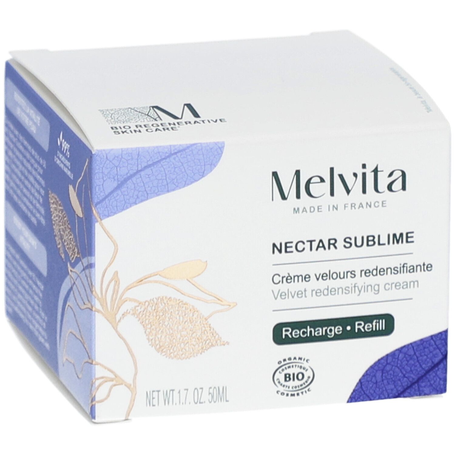 Weiße Faltschachtel mit Produktinformationen. Melvita-Logo und Produktname Nectar Sublime. Bio-Zertifizierung. 50ml.