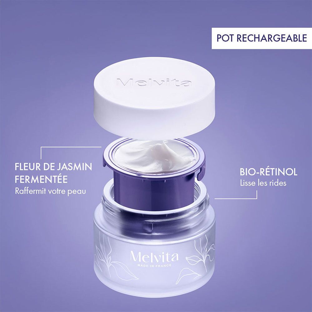 Produkt-Explosionszeichnung. Cremebehälter, Nachfüllung, Jasminblüte, Text: Bio-Retinol.