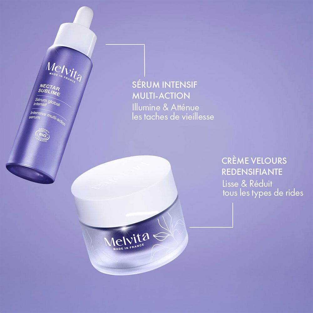 Creme und Serum. Text: Intensives Multi-Action-Serum, Creme Velours Redensifiant. Melvita-Logo.