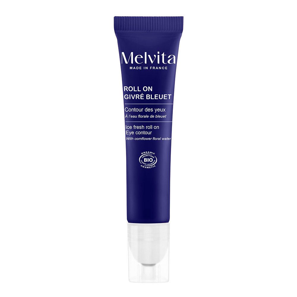Tube bleu avec applicateur roll-on. Inscription : MELVITA, ROLL ON GIVRÉ BLEUET, Contour des yeux, Ice fresh roll on Eye contour.