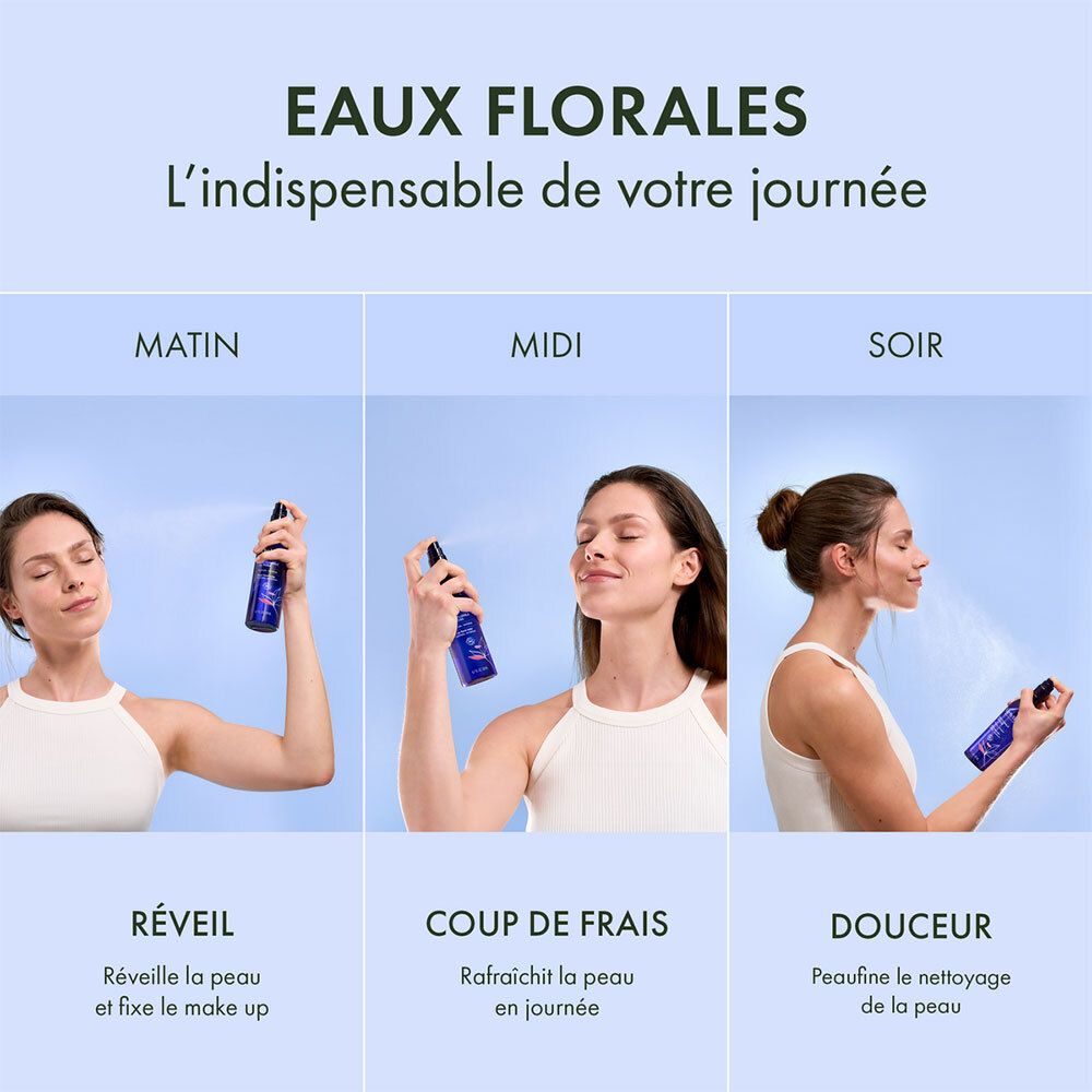 Drei Bilder zeigen eine Frau, die Melvita Eau Florale de Bleuet verwendet. Morgen, Mittag, Abend.