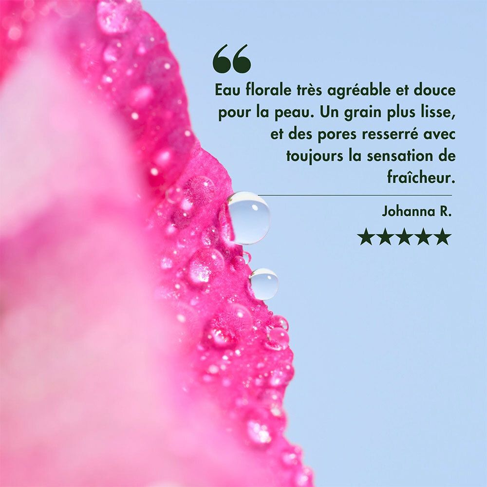 Gros plan d'un pétale rose avec des gouttes d'eau. Citation: Eau florale très agréable et douce pour la peau. Johanna R.