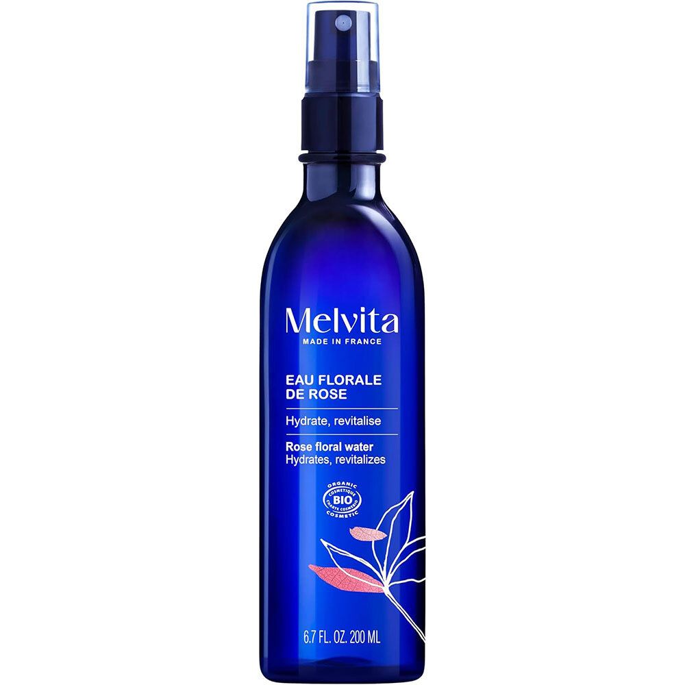 Flacon pulvérisateur bleu avec logo Melvita. Contient de l'eau florale de rose. Certification bio.
