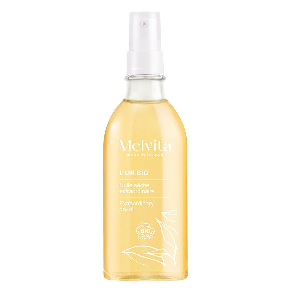 Flacon de Melvita L'Or Bio. Huile sèche avec vaporisateur. Liquide jaune. Label bio. Fabriqué en France.