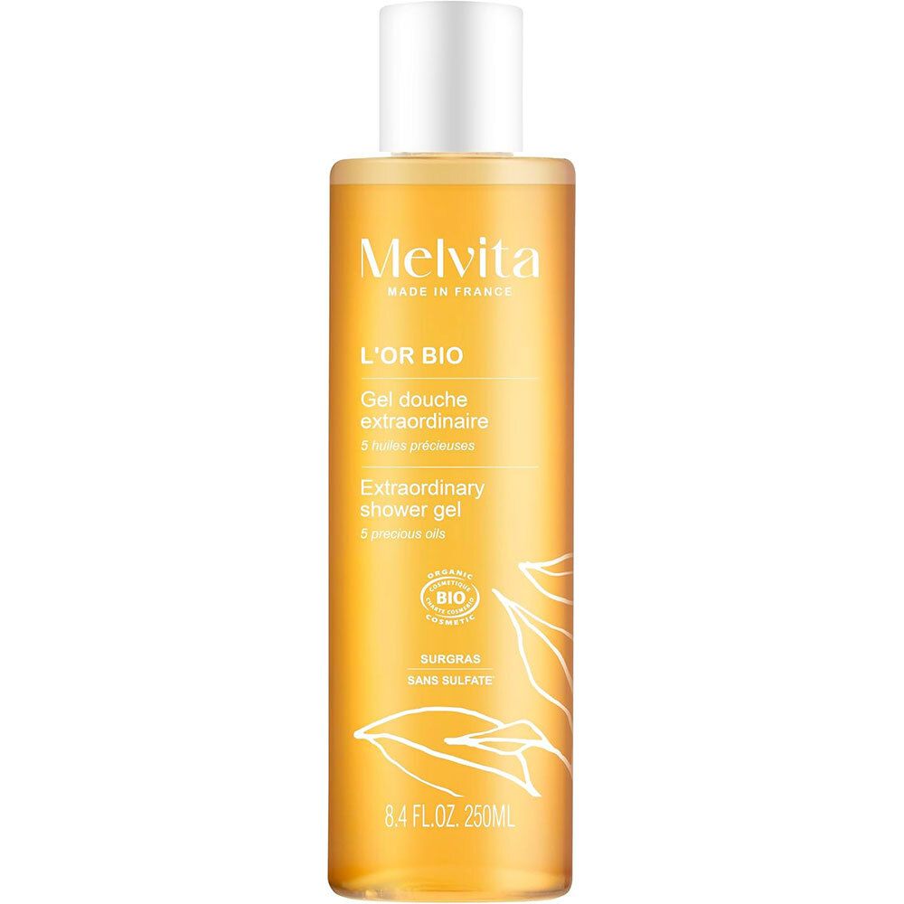 Gel Douche Extraordinaire. Flasche mit gelbem Inhalt, weißem Deckel. Melvita-Logo, Bio-Zertifizierung, 250ml.