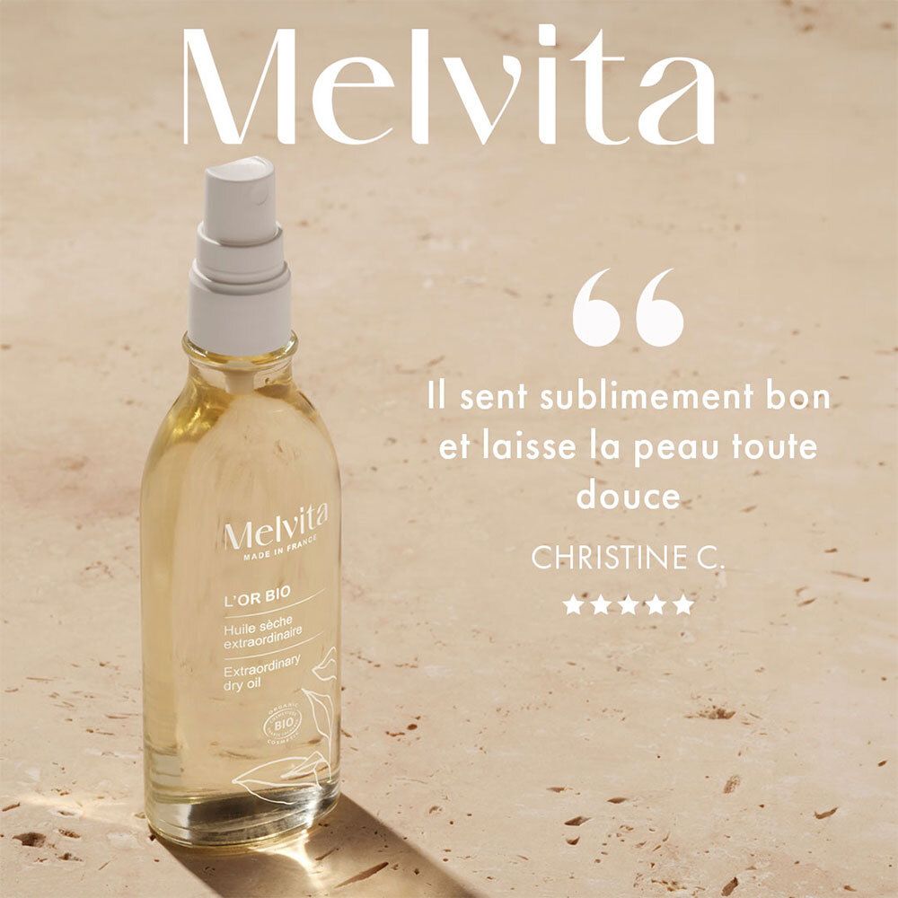 Melvita L'Or Bio Ölflasche. Zitat: Es riecht wunderbar und hinterlässt eine weiche Haut.