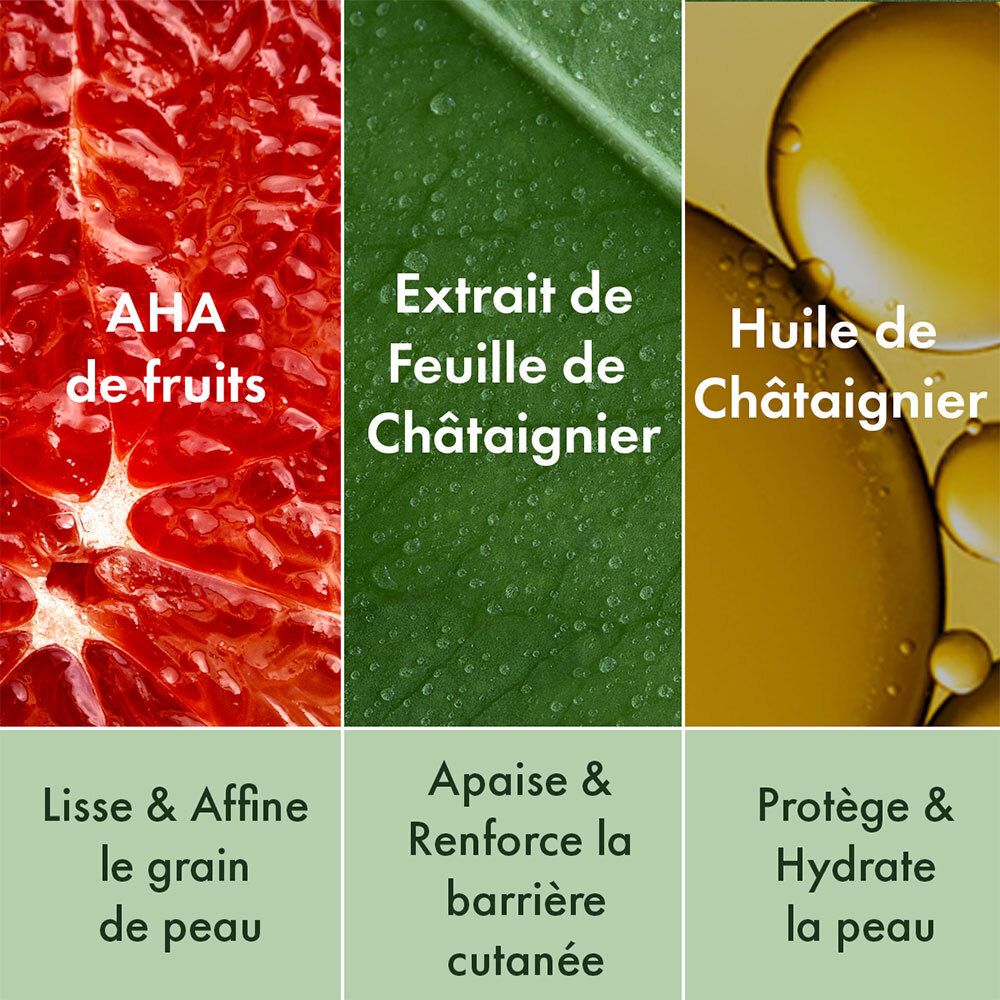 Trois panneaux verticaux : AHA de fruits, Extrait de feuille de châtaignier, Huile de châtaignier. Texte : Lisse & affine, Apaise & renforce, Protège & hydrate.
