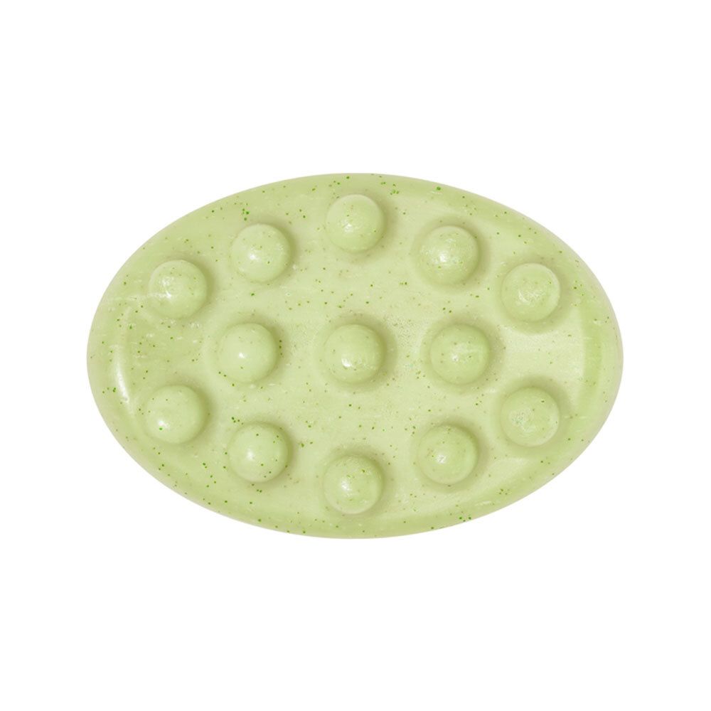 Ovaler, hellgrüner Seifenstück mit 12 erhabenen Kugeln. Oberfläche mit kleinen Punkten.