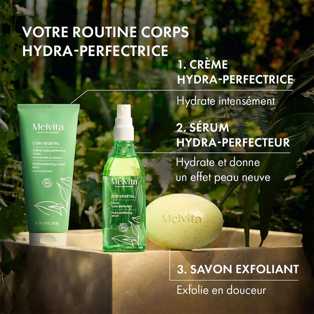 Drei Produkte: Creme, Serum, Seife. Text: MELVITA, L'OR VÉGÉTAL. Grün und weiß.