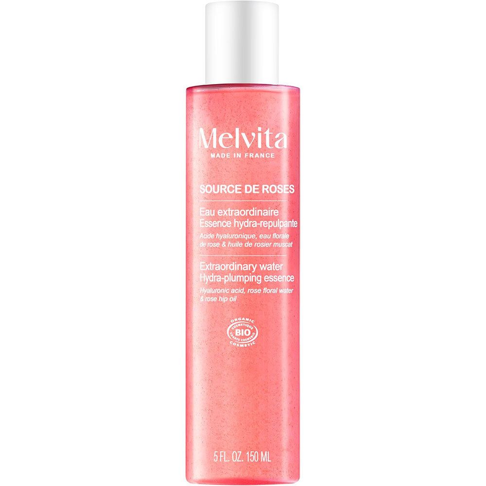 Rosa-Essenzflasche mit weißem Deckel. Melvita-Logo und Produktbezeichnung. BIO-Zertifizierung.