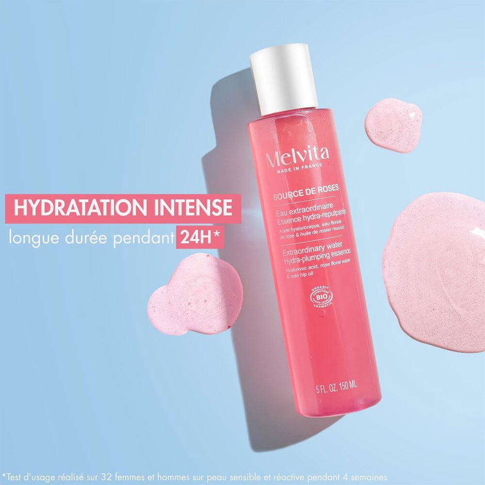 Rosa-Essenzflasche mit weißem Deckel. Text: Hydratation intense, longue durée pendant 24H.