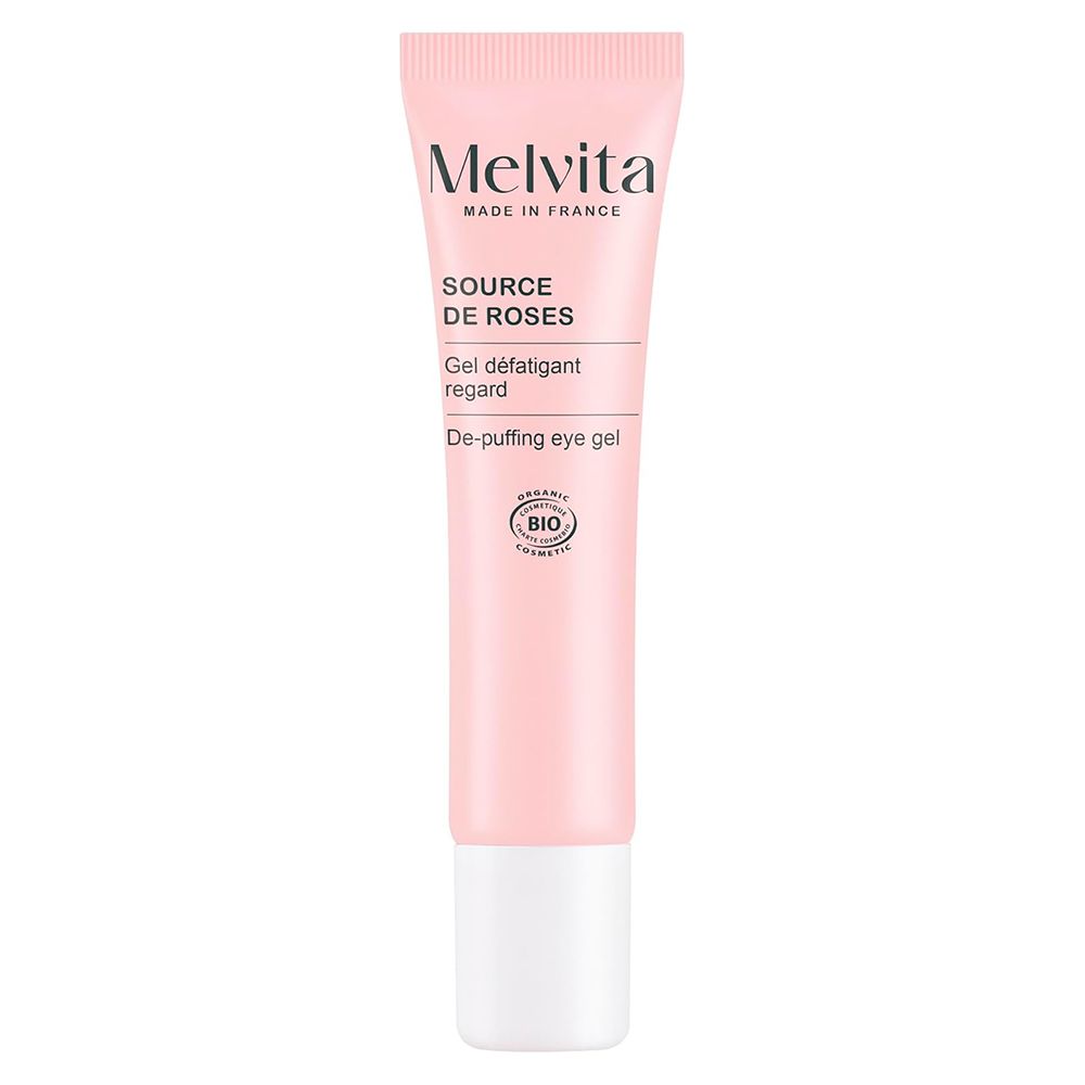 Rosa-Augen-Gel-Tube. Marke Melvita, Schriftzug. Bio-Zertifizierung. Rosa Tube mit weißem Deckel.