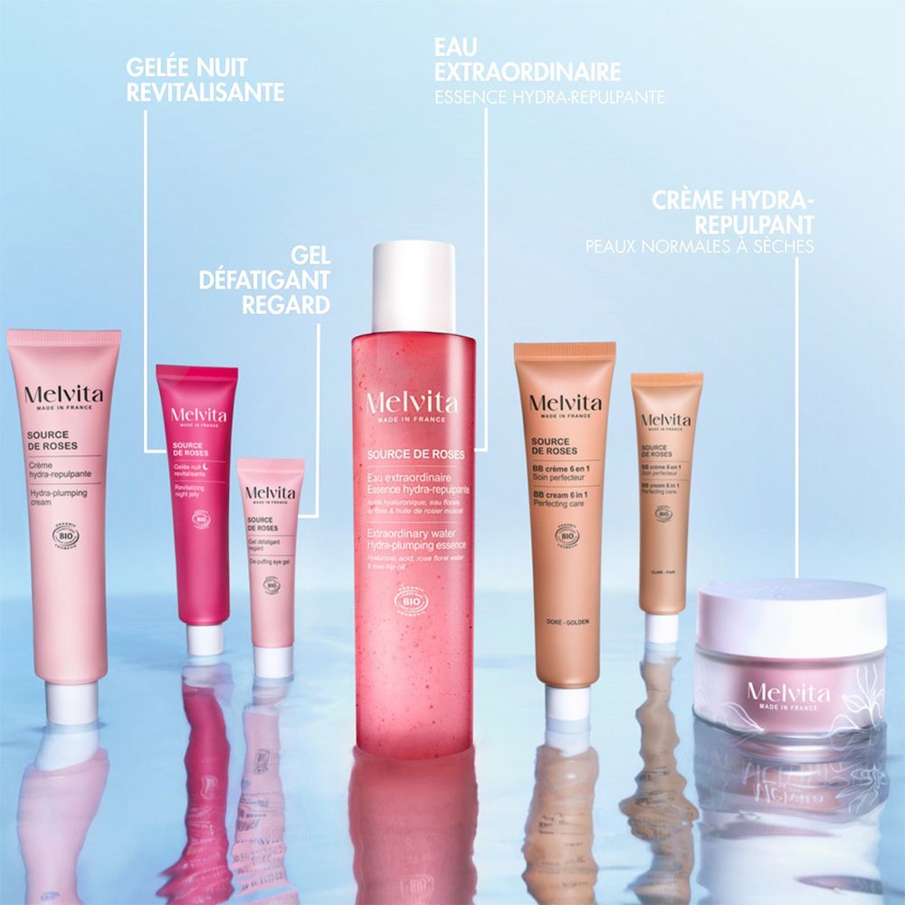 Verschiedene Melvita-Produkte. Gel Défatigant Regard, Gelée Nuit Revitalisante, Eau Extraordinaire, Crème Hydra-Repulpant.