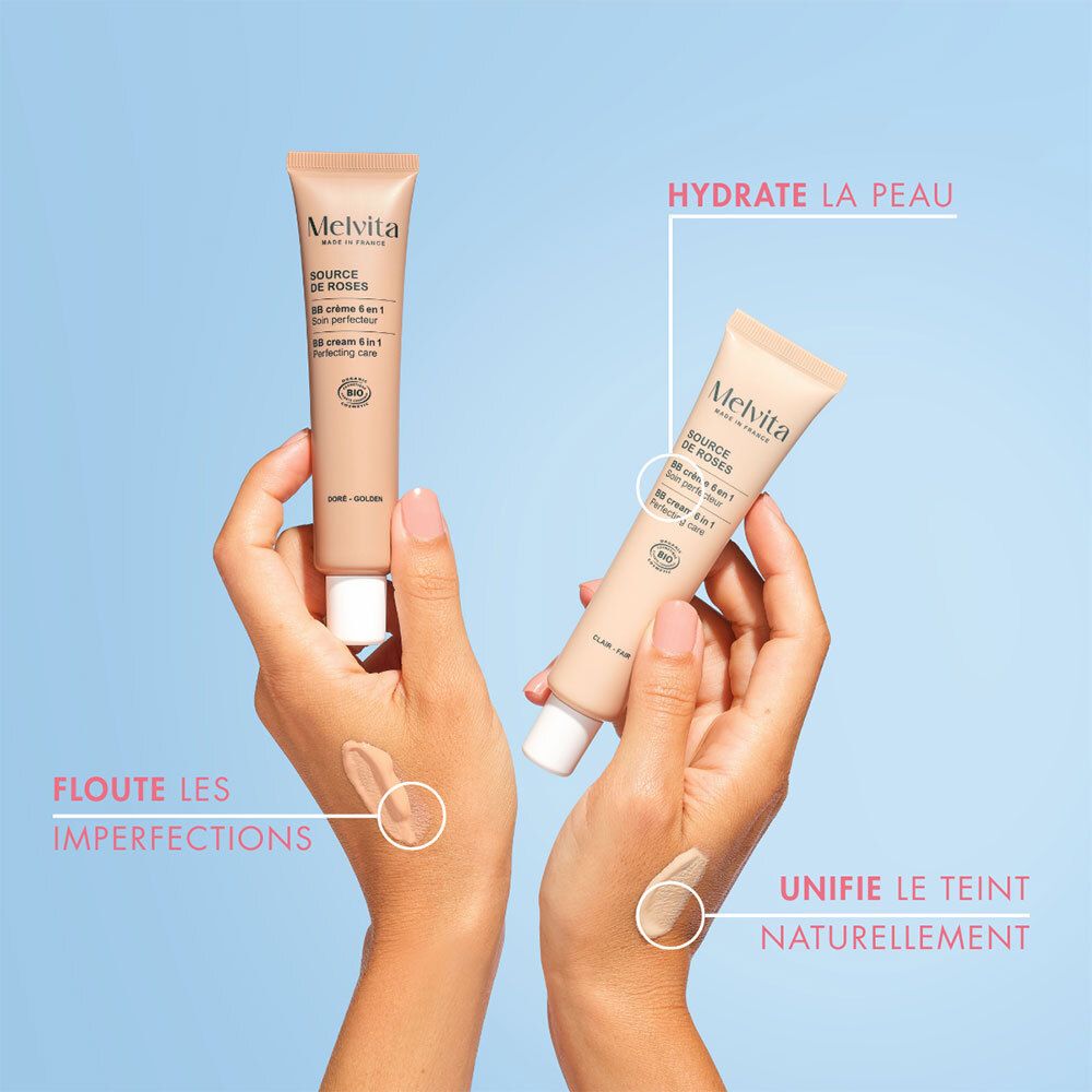 Deux tubes de BB crème. Mains tenant des tubes et des taches de crème. Texte: Hydrate la peau, floute les imperfections, unifie le teint.