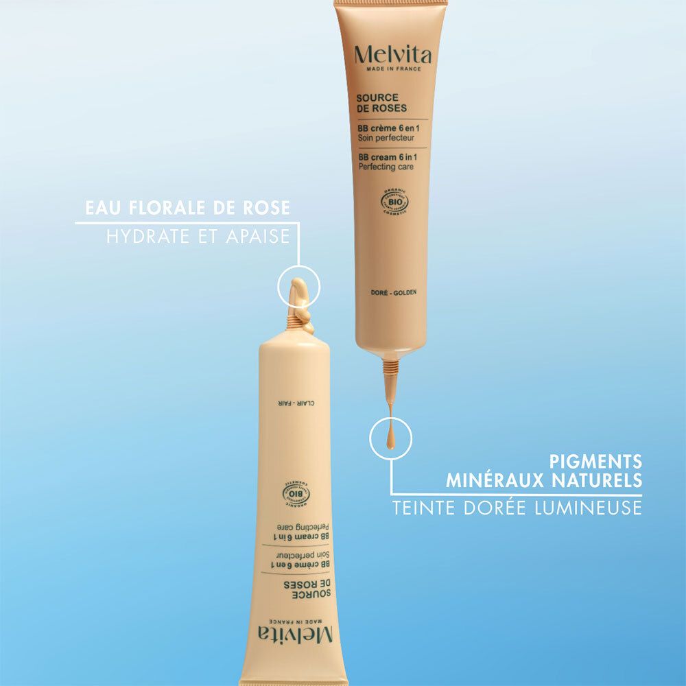 Deux tubes de BB crème. Texte: Eau florale de rose, pigments minéraux naturels, teinte dorée lumineuse. BB Crème 6 en 1. Certification Bio.