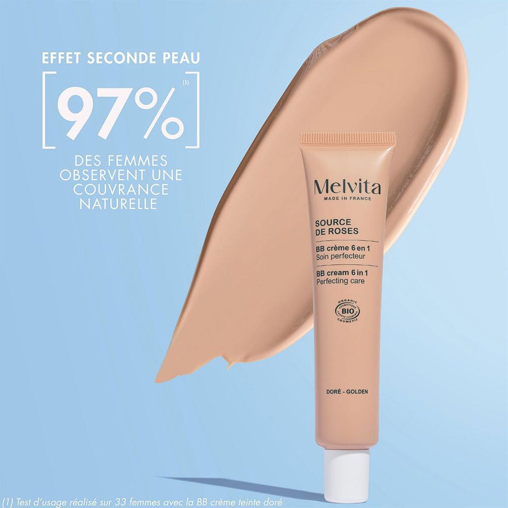 BB-Creme-Tube und Creme-Abstrich. Text: 97% der Frauen beobachten eine natürliche Deckkraft.