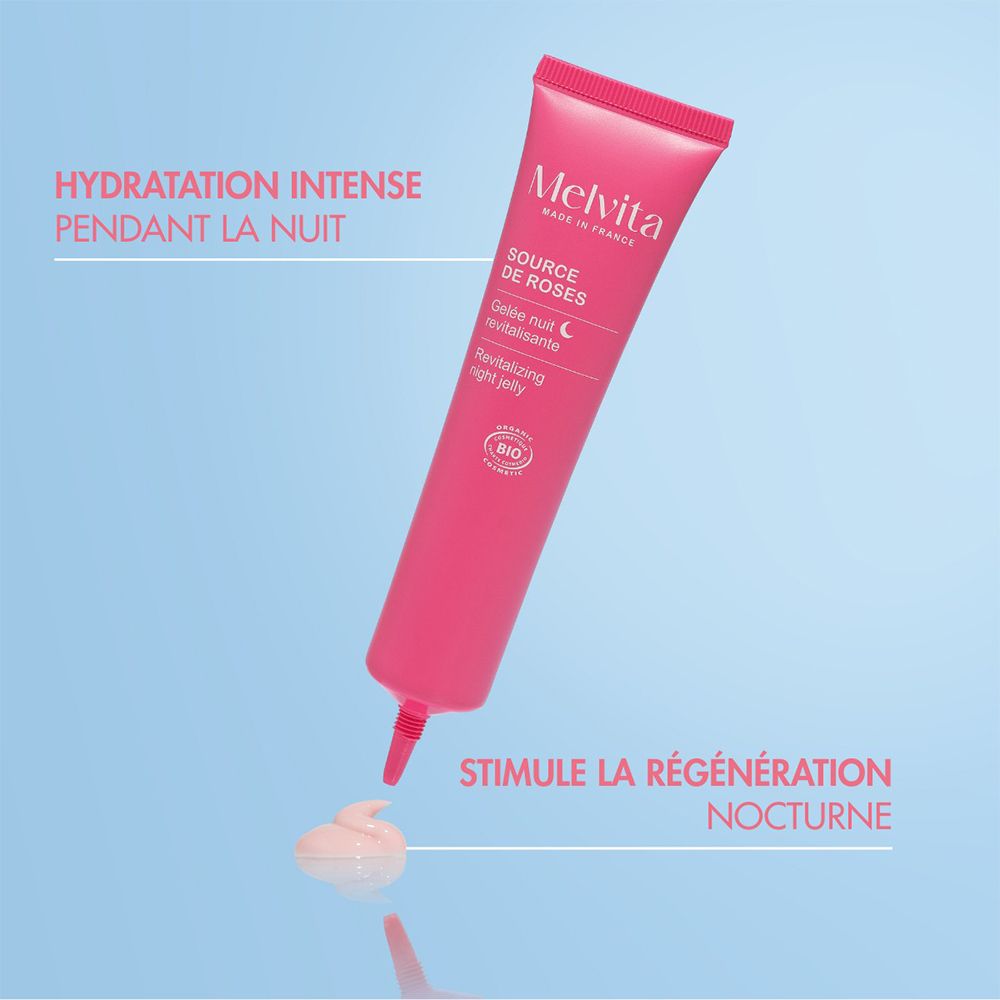 Tube Melvita Source de Roses avec embout pincé et une goutte de gel.