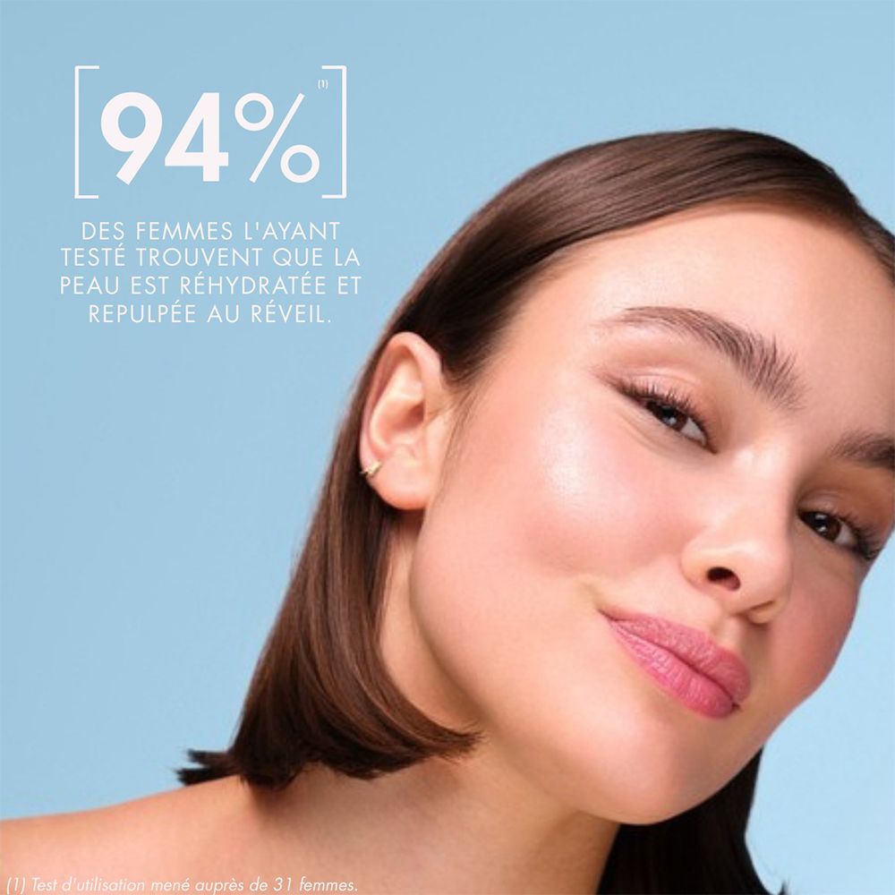 Frau mit glatter Haut. Text: 94% der Frauen finden, dass die Haut hydratisiert und prall ist. Blauer Hintergrund.