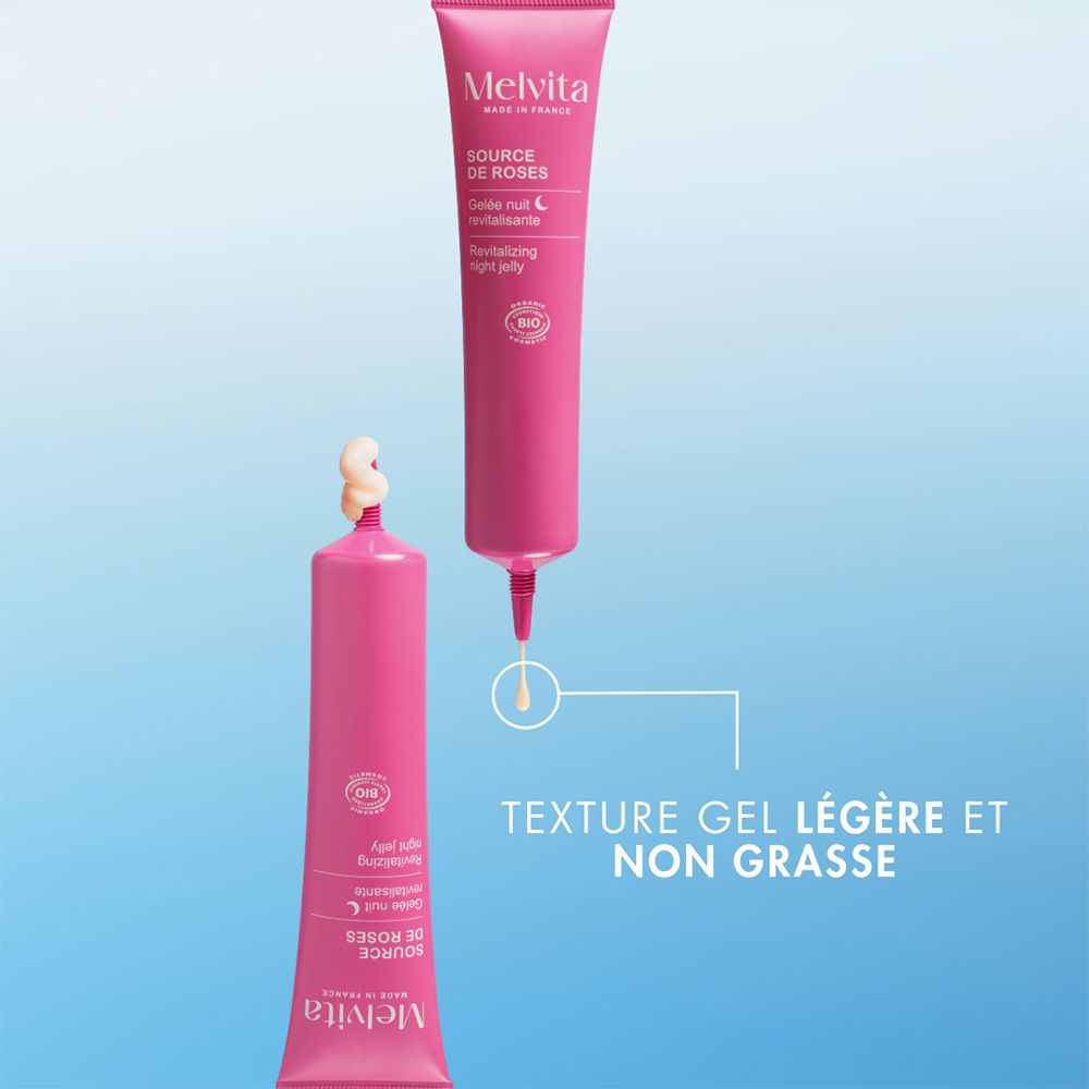 Zwei rosa Tuben. Text: Textur Gel léger et non grasse. Produkt wird aus der Tube gedrückt. Blauer Hintergrund.
