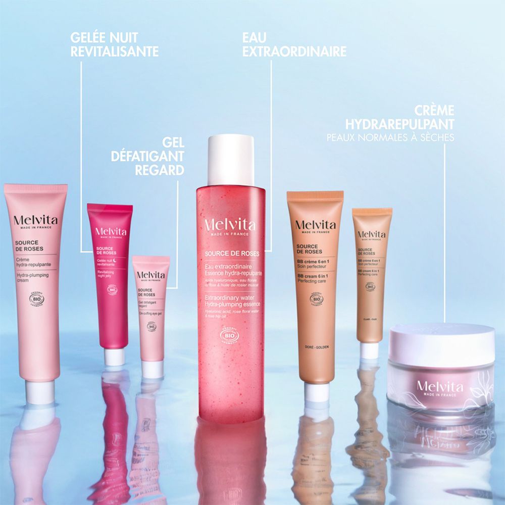Verschiedene Melvita-Produkte. Rosa und beige Tuben und Tiegel. Text: Gelée nuit revitalisante, Eau extraordinaire.