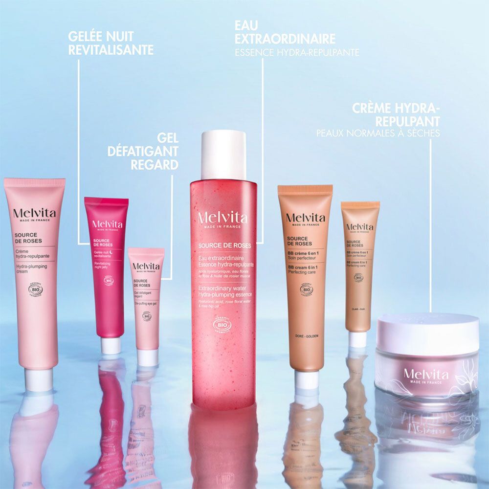Divers produits Melvita. Crèmes, gels et eaux. Tubes et flacons roses et beiges.