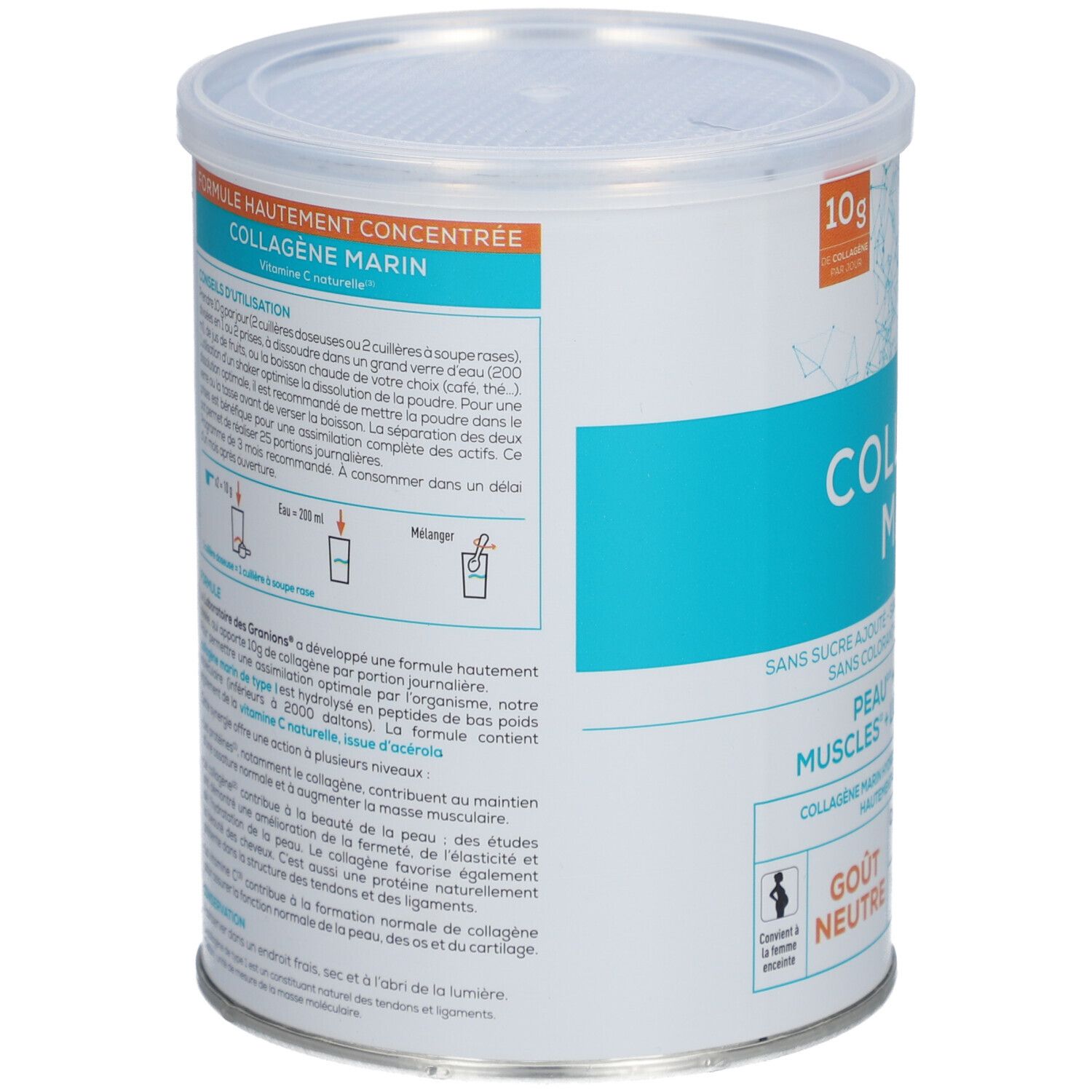 Dose mit Deckel. Aufschrift: COLLAGÈNE MARIN. Text: Formel mit hoher Konzentration. Vitamin C. Anweisungen zur Verwendung. Rückansicht.