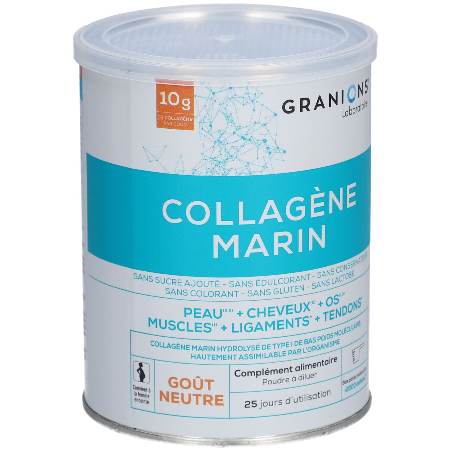 Runde Dose mit Deckel. Aufschrift: COLLAGÈNE MARIN, GRANIONS. Text: Ohne Zucker, Farbstoffe, Gluten, Laktose. Geschmacksrichtung: Neutre.