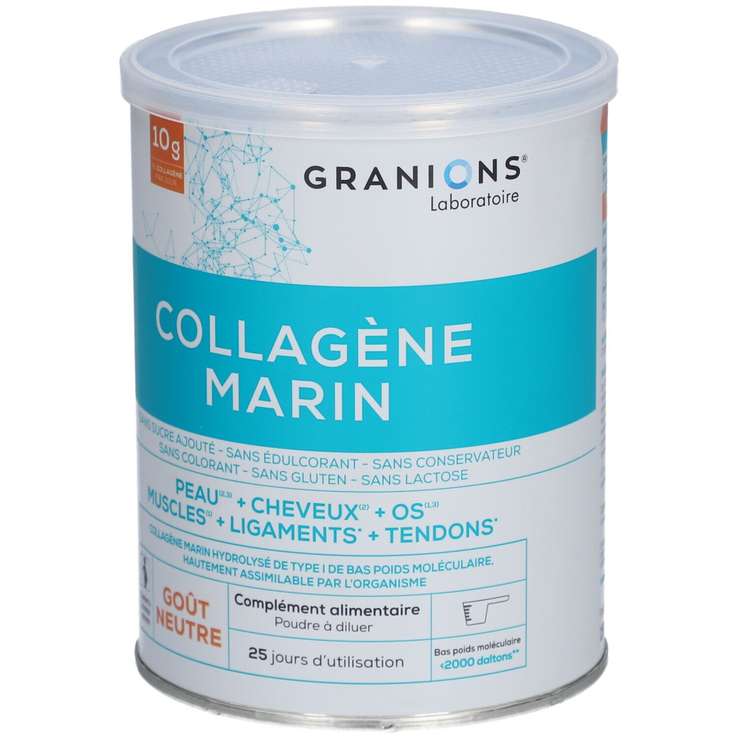 Runde Dose mit Deckel. Aufschrift: COLLAGÈNE MARIN, GRANIONS. Text: Ohne Zucker, Farbstoffe, Gluten, Laktose. Geschmacksrichtung: Neutre.